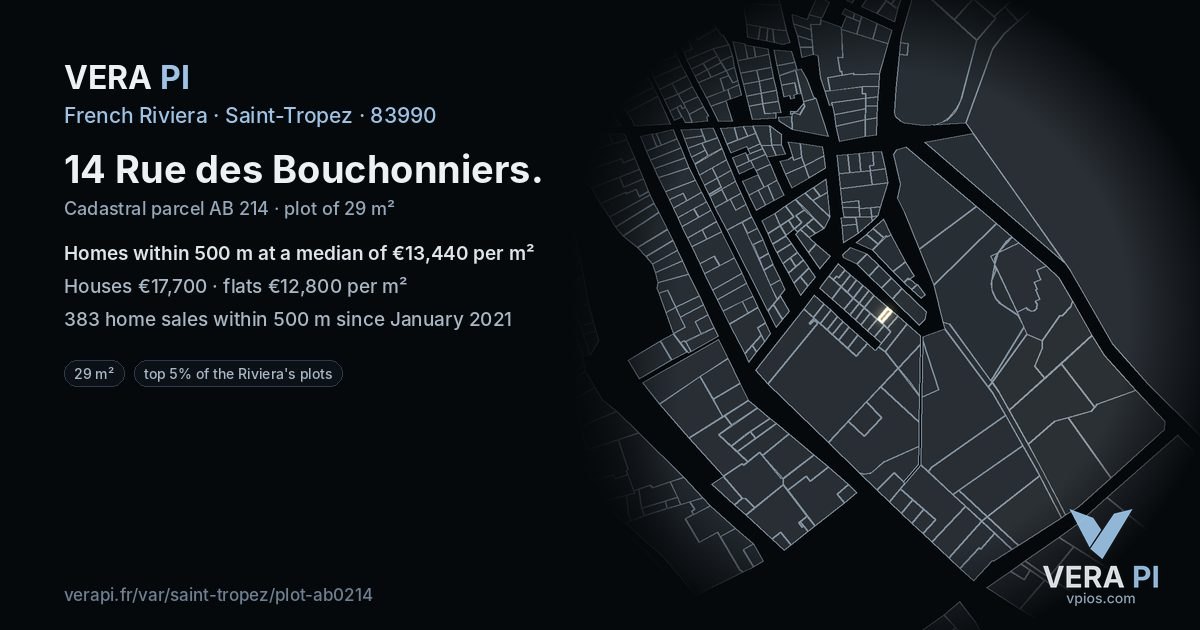 14 Rue des Bouchonniers, Saint-Tropez at night – the plot lit, the parcels around coloured by the prices near them