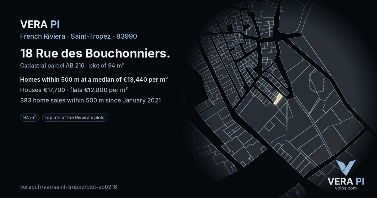 18 Rue des Bouchonniers, Saint-Tropez at night – the plot lit, the parcels around coloured by the prices near them