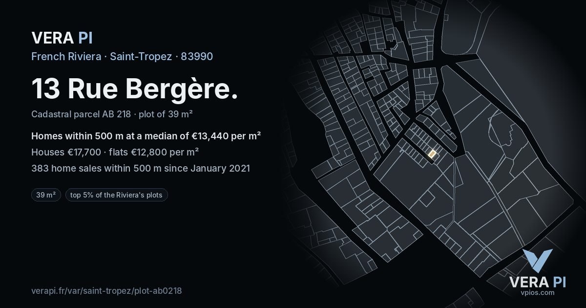 13 Rue Bergère, Saint-Tropez at night – the plot lit, the parcels around coloured by the prices near them