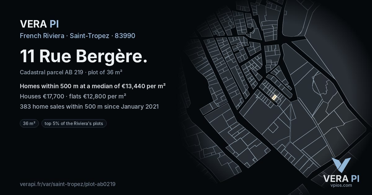 11 Rue Bergère, Saint-Tropez at night – the plot lit, the parcels around coloured by the prices near them