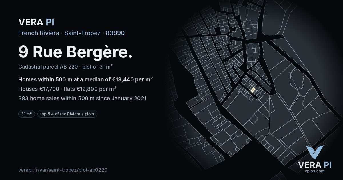 9 Rue Bergère, Saint-Tropez at night – the plot lit, the parcels around coloured by the prices near them