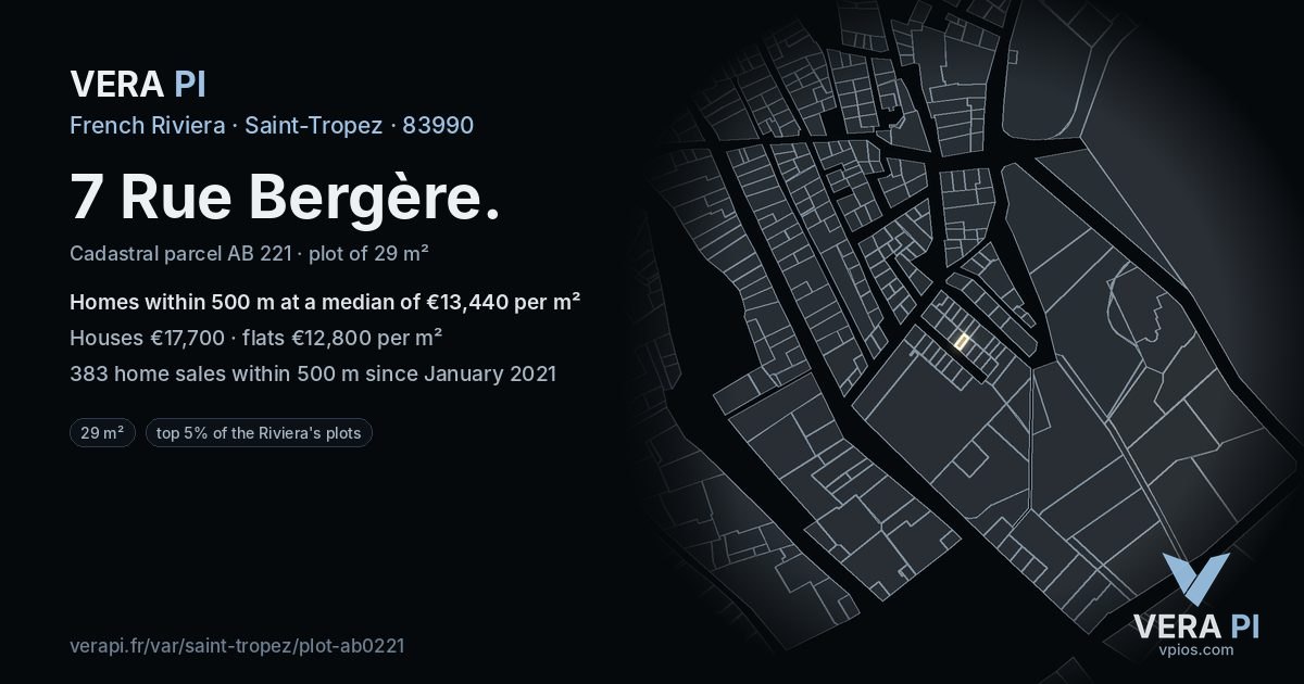 7 Rue Bergère, Saint-Tropez at night – the plot lit, the parcels around coloured by the prices near them