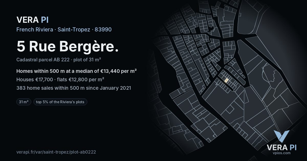5 Rue Bergère, Saint-Tropez at night – the plot lit, the parcels around coloured by the prices near them