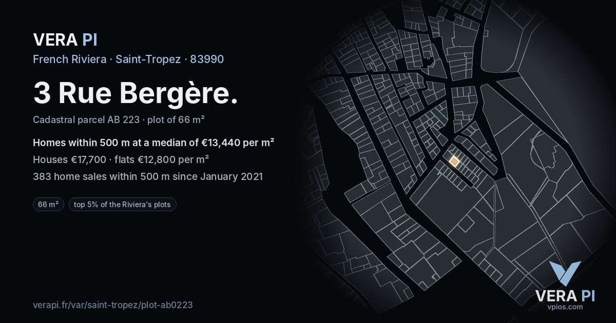 3 Rue Bergère, Saint-Tropez at night – the plot lit, the parcels around coloured by the prices near them