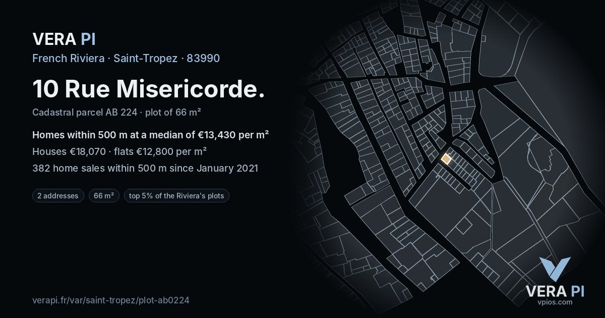 10 Rue Misericorde, Saint-Tropez at night – the plot lit, the parcels around coloured by the prices near them