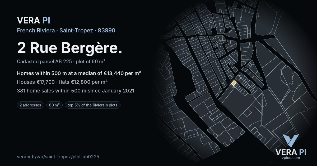 2 Rue Bergère, Saint-Tropez at night – the plot lit, the parcels around coloured by the prices near them