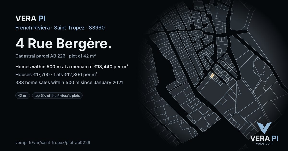 4 Rue Bergère, Saint-Tropez at night – the plot lit, the parcels around coloured by the prices near them