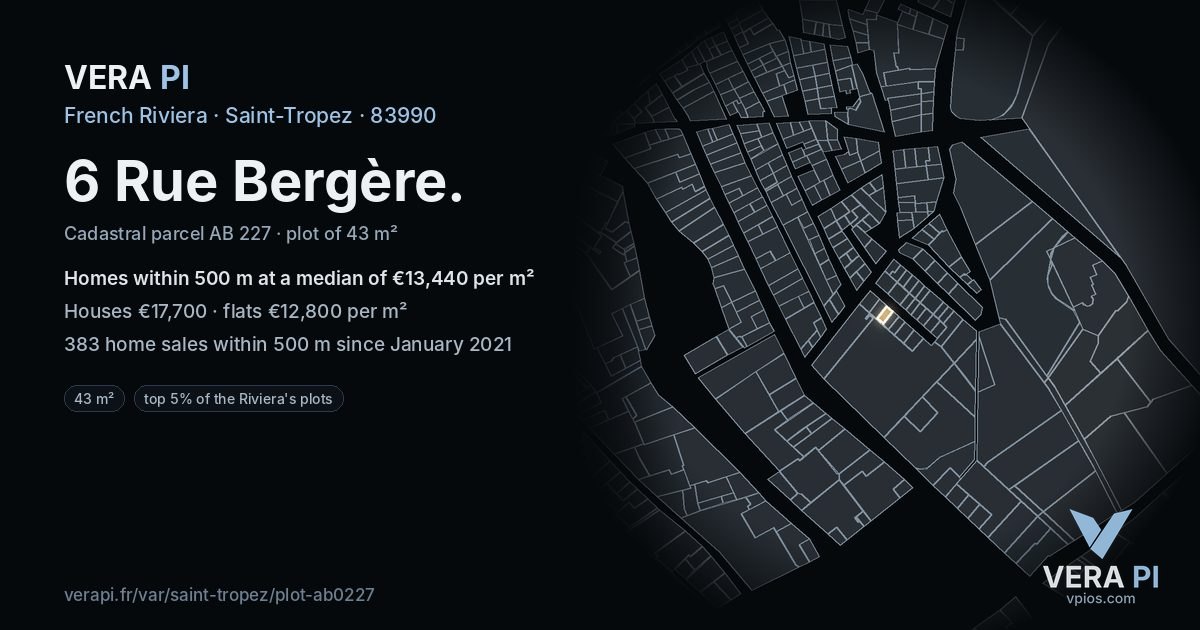 6 Rue Bergère, Saint-Tropez at night – the plot lit, the parcels around coloured by the prices near them