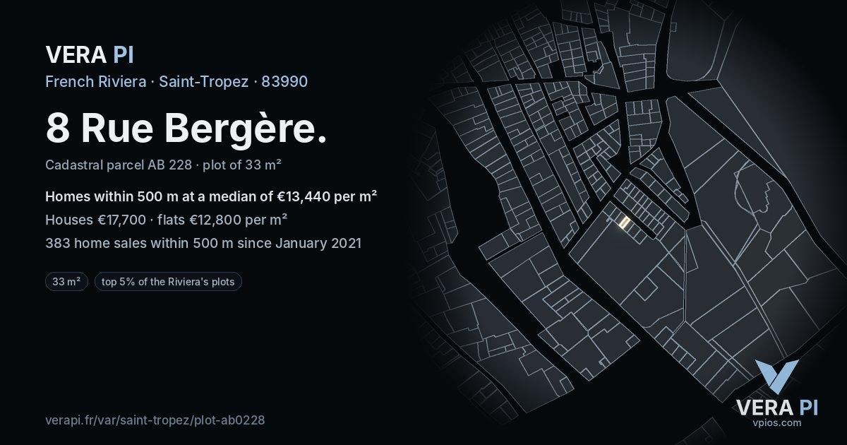 8 Rue Bergère, Saint-Tropez at night – the plot lit, the parcels around coloured by the prices near them