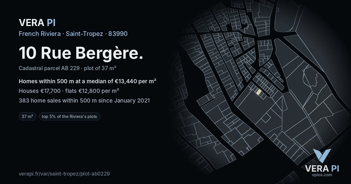 10 Rue Bergère, Saint-Tropez at night – the plot lit, the parcels around coloured by the prices near them