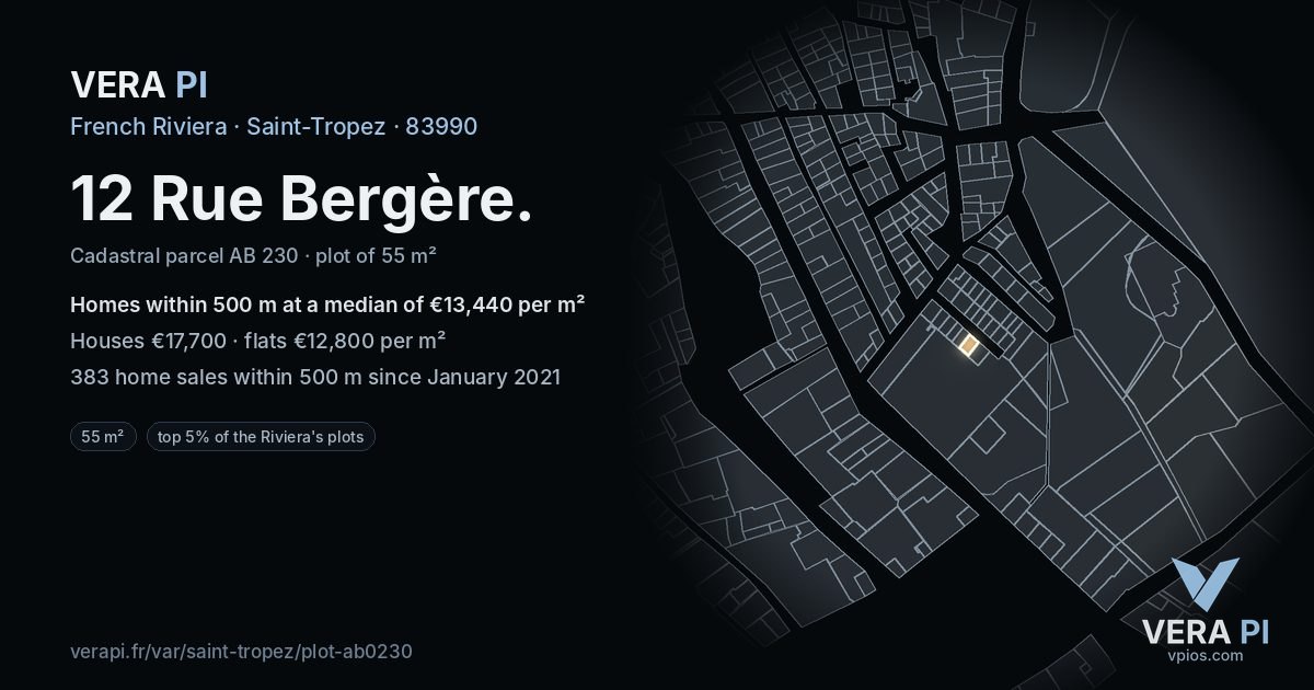12 Rue Bergère, Saint-Tropez at night – the plot lit, the parcels around coloured by the prices near them