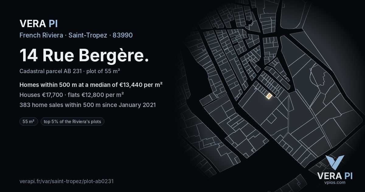14 Rue Bergère, Saint-Tropez at night – the plot lit, the parcels around coloured by the prices near them