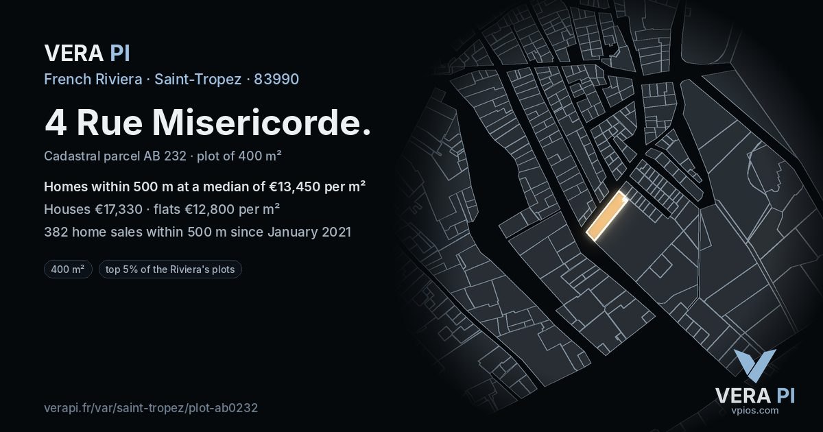 4 Rue Misericorde, Saint-Tropez at night – the plot lit, the parcels around coloured by the prices near them