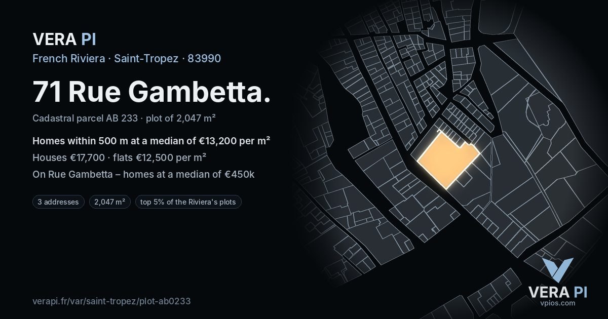 71 Rue Gambetta, Saint-Tropez at night – the plot lit, the parcels around coloured by the prices near them
