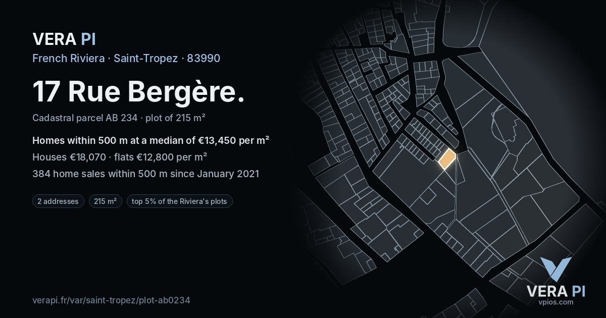 17 Rue Bergère, Saint-Tropez at night – the plot lit, the parcels around coloured by the prices near them