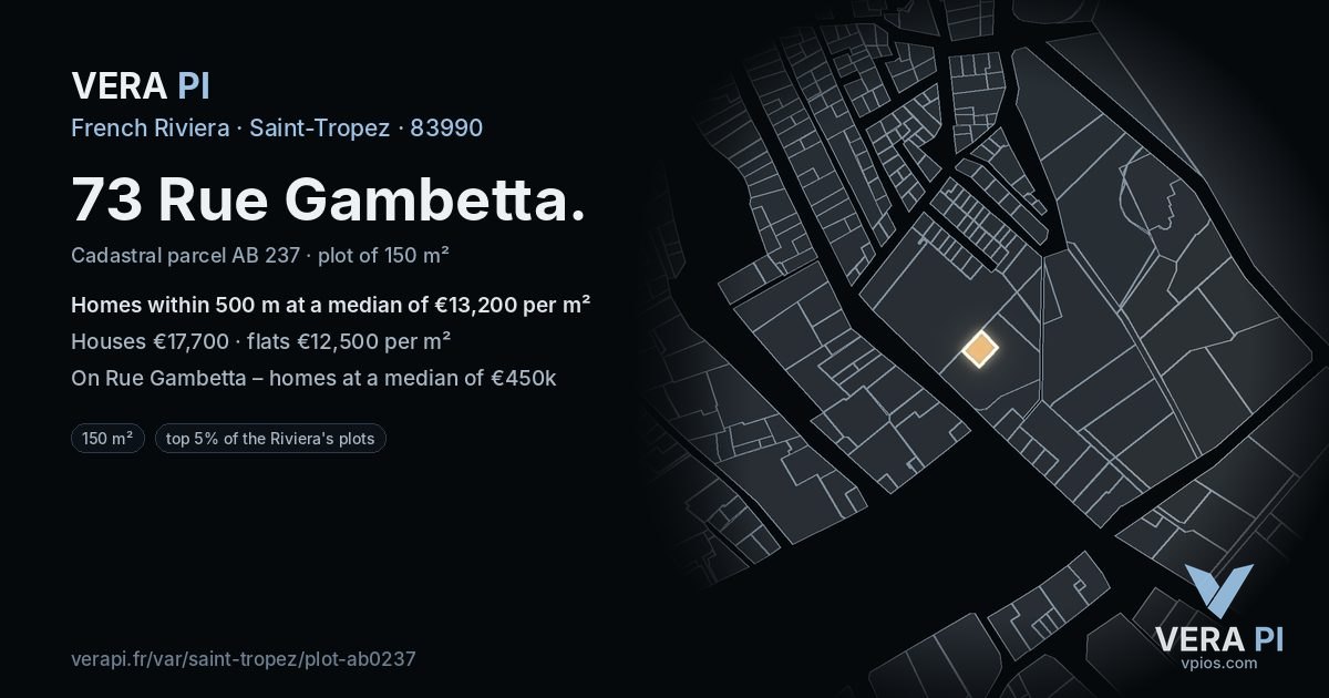 73 Rue Gambetta, Saint-Tropez at night – the plot lit, the parcels around coloured by the prices near them