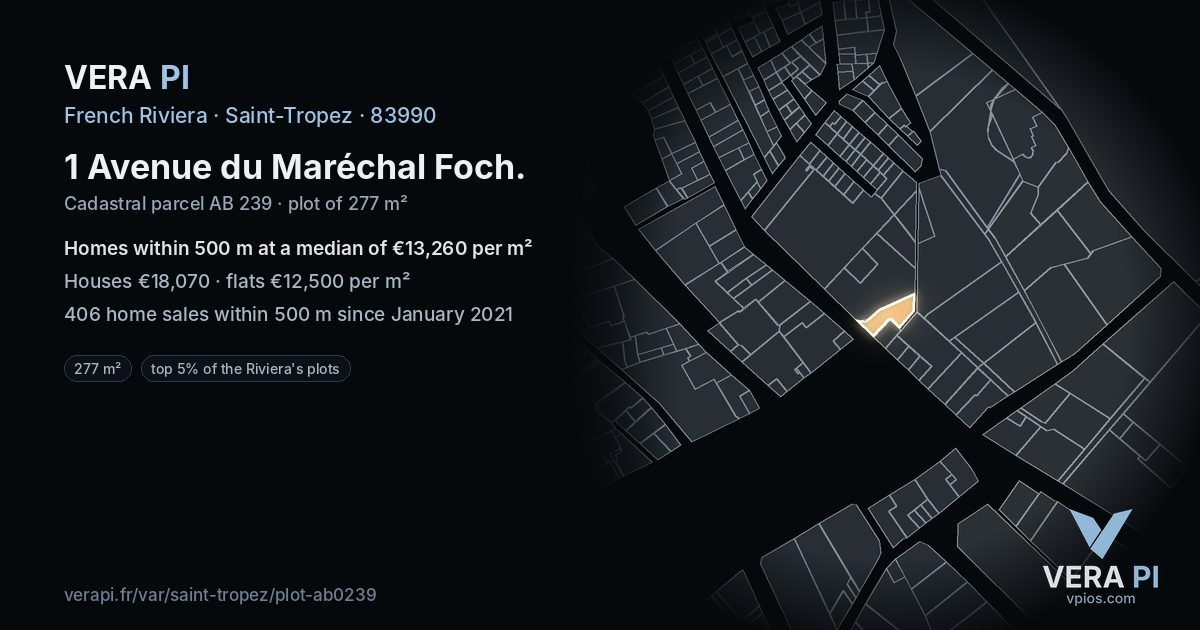 1 Avenue du Maréchal Foch, Saint-Tropez at night – the plot lit, the parcels around coloured by the prices near them