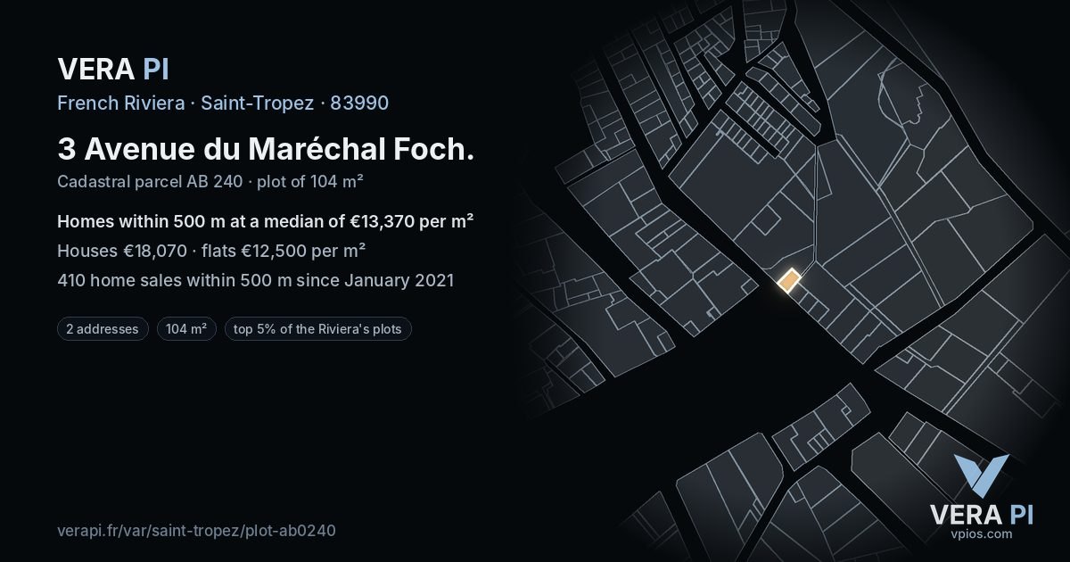 3 Avenue du Maréchal Foch, Saint-Tropez at night – the plot lit, the parcels around coloured by the prices near them