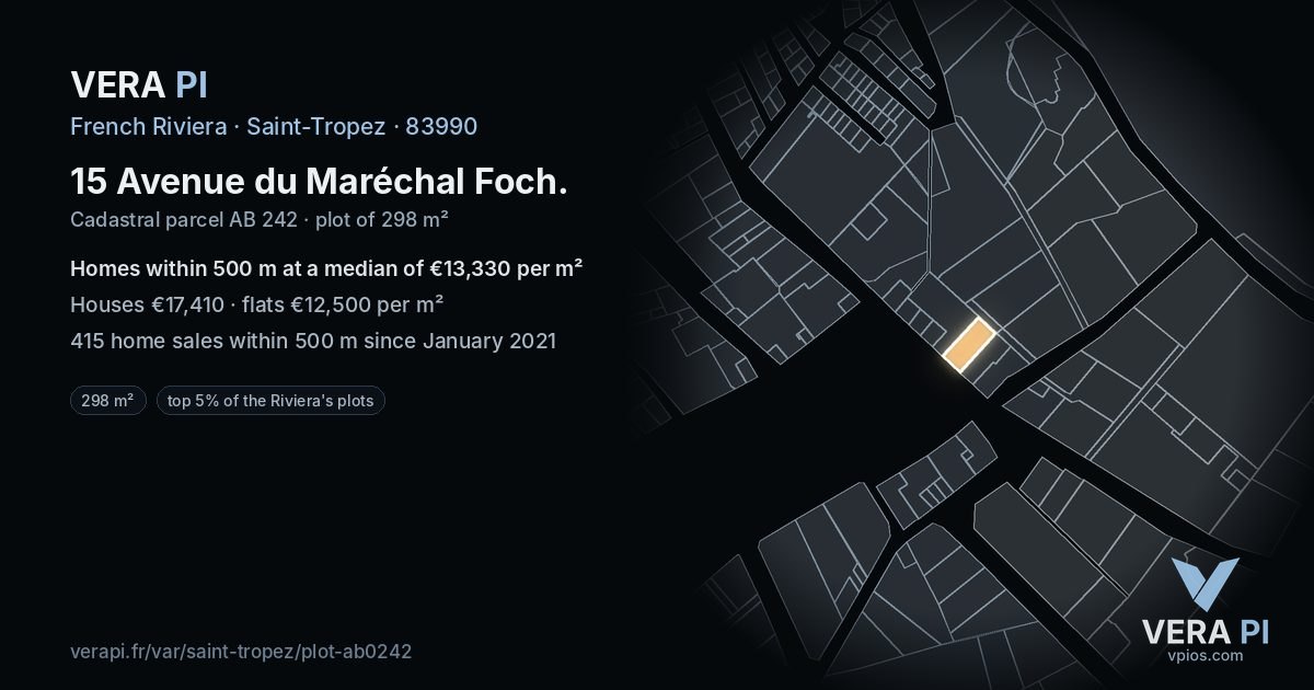 15 Avenue du Maréchal Foch, Saint-Tropez at night – the plot lit, the parcels around coloured by the prices near them