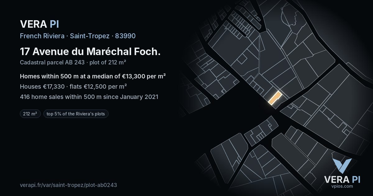 17 Avenue du Maréchal Foch, Saint-Tropez at night – the plot lit, the parcels around coloured by the prices near them