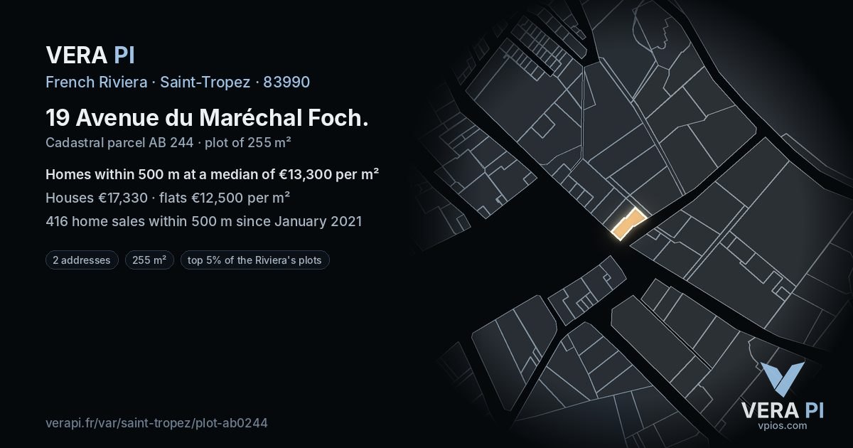 19 Avenue du Maréchal Foch, Saint-Tropez at night – the plot lit, the parcels around coloured by the prices near them
