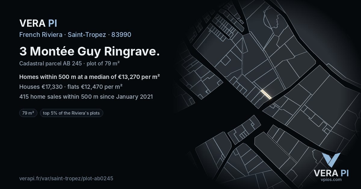 3 Montée Guy Ringrave, Saint-Tropez at night – the plot lit, the parcels around coloured by the prices near them