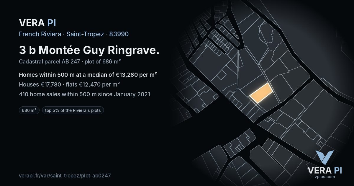 3 b Montée Guy Ringrave, Saint-Tropez at night – the plot lit, the parcels around coloured by the prices near them