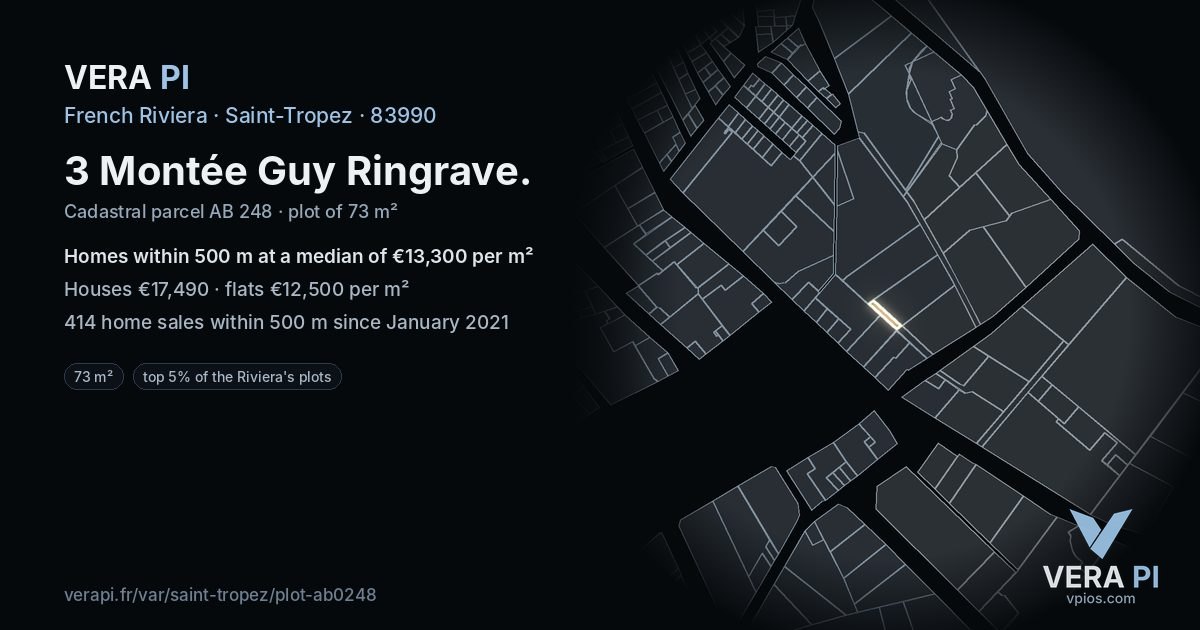 3 Montée Guy Ringrave, Saint-Tropez at night – the plot lit, the parcels around coloured by the prices near them
