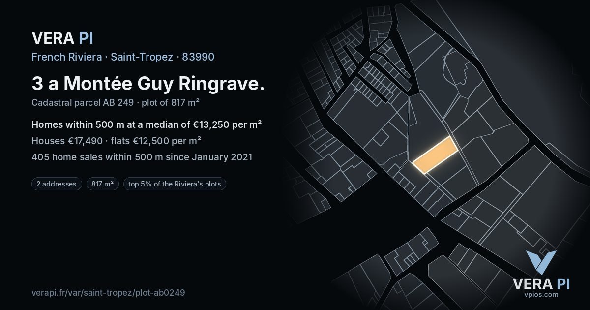 3 a Montée Guy Ringrave, Saint-Tropez at night – the plot lit, the parcels around coloured by the prices near them
