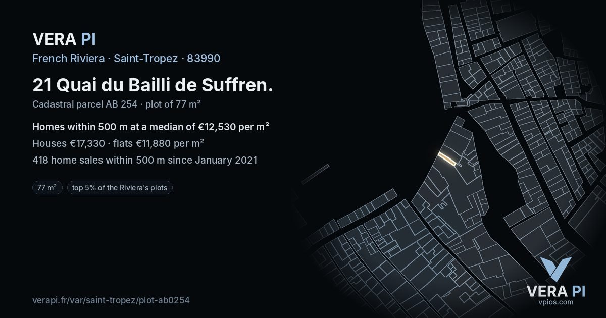 21 Quai du Bailli de Suffren, Saint-Tropez at night – the plot lit, the parcels around coloured by the prices near them