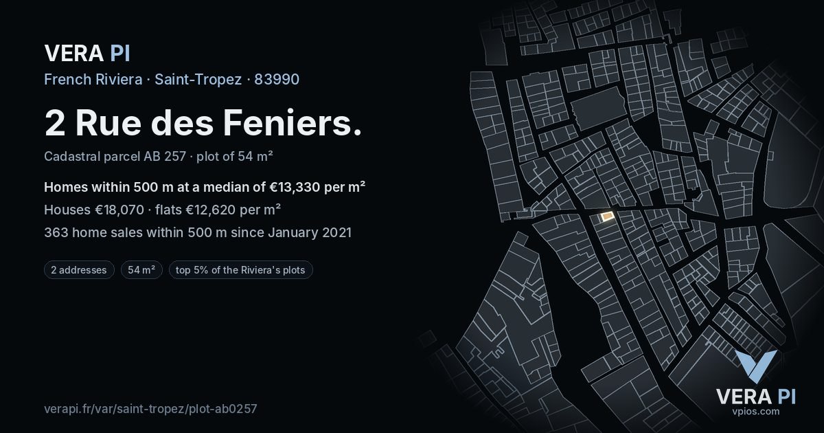 2 Rue des Feniers, Saint-Tropez at night – the plot lit, the parcels around coloured by the prices near them