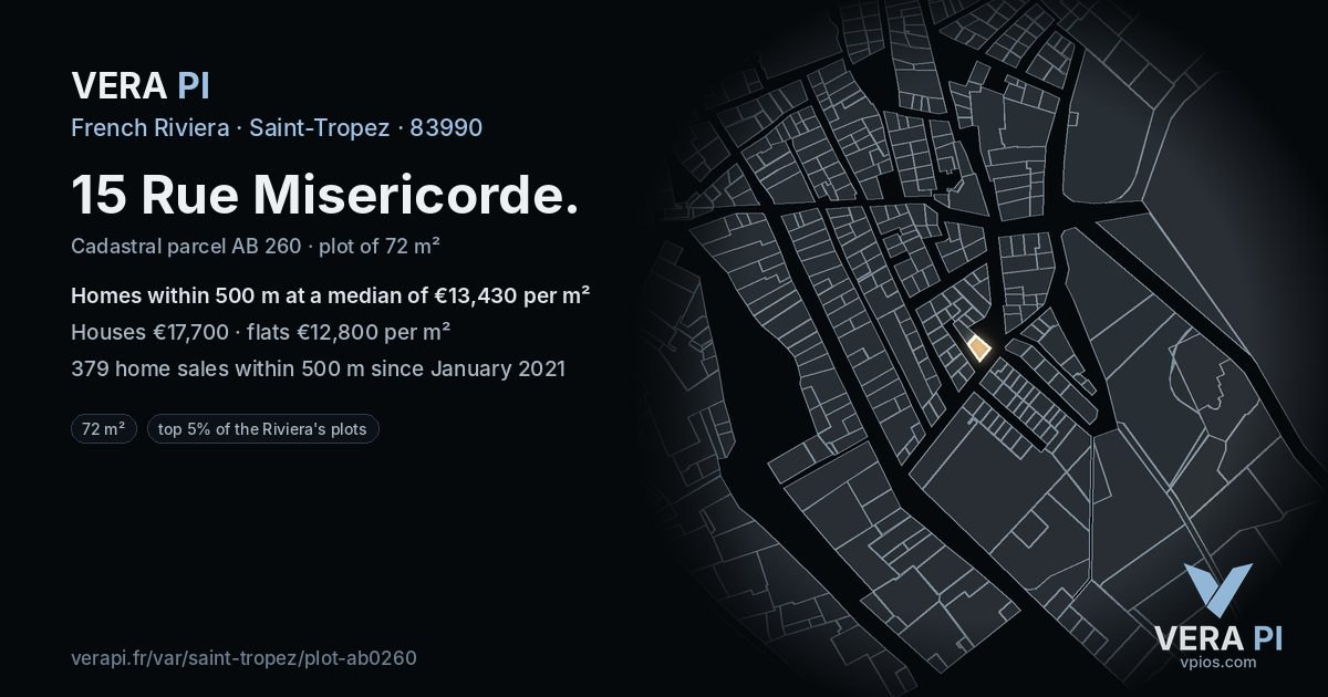 15 Rue Misericorde, Saint-Tropez at night – the plot lit, the parcels around coloured by the prices near them