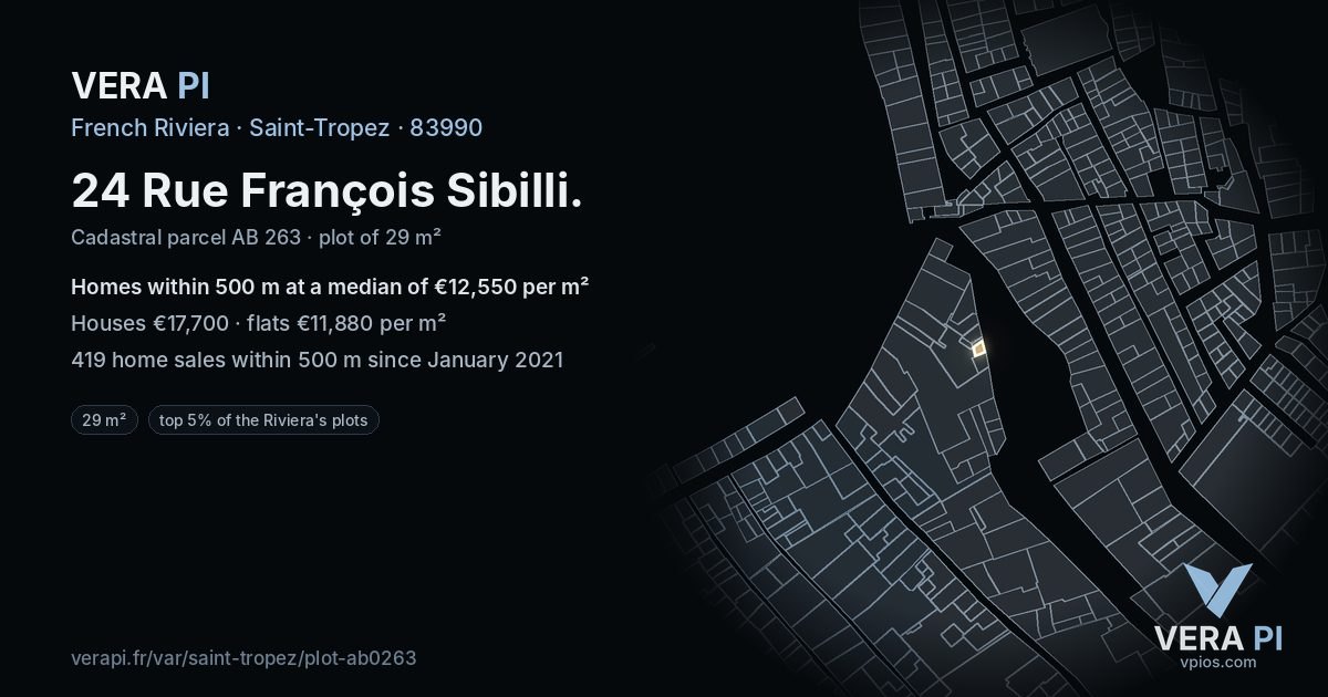 24 Rue François Sibilli, Saint-Tropez at night – the plot lit, the parcels around coloured by the prices near them
