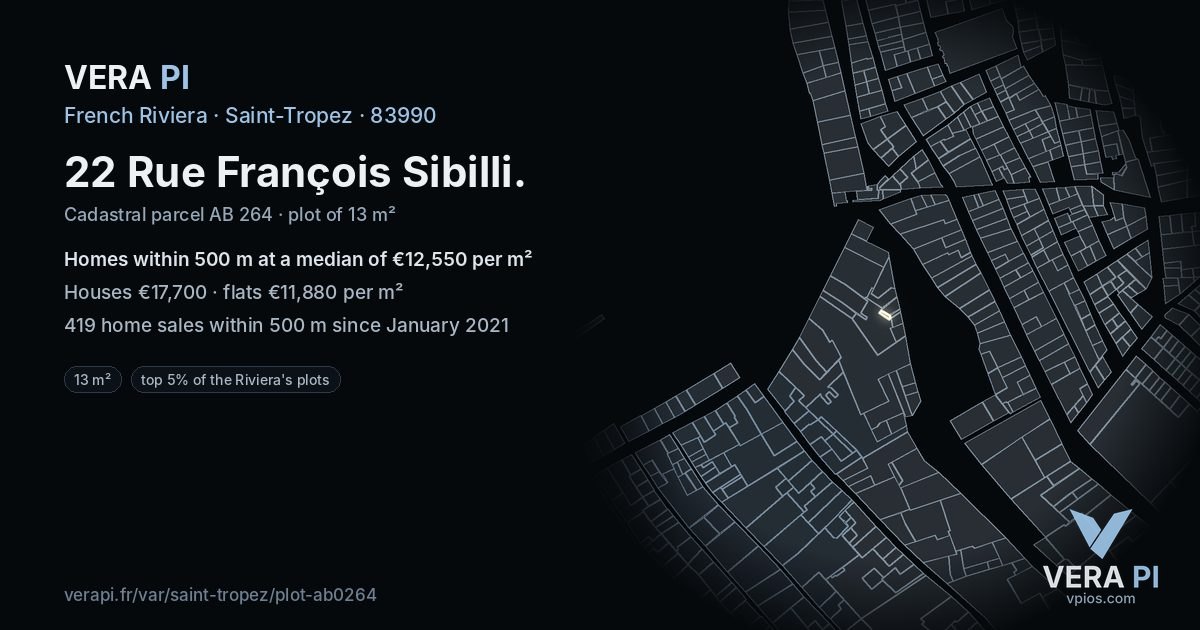 22 Rue François Sibilli, Saint-Tropez at night – the plot lit, the parcels around coloured by the prices near them