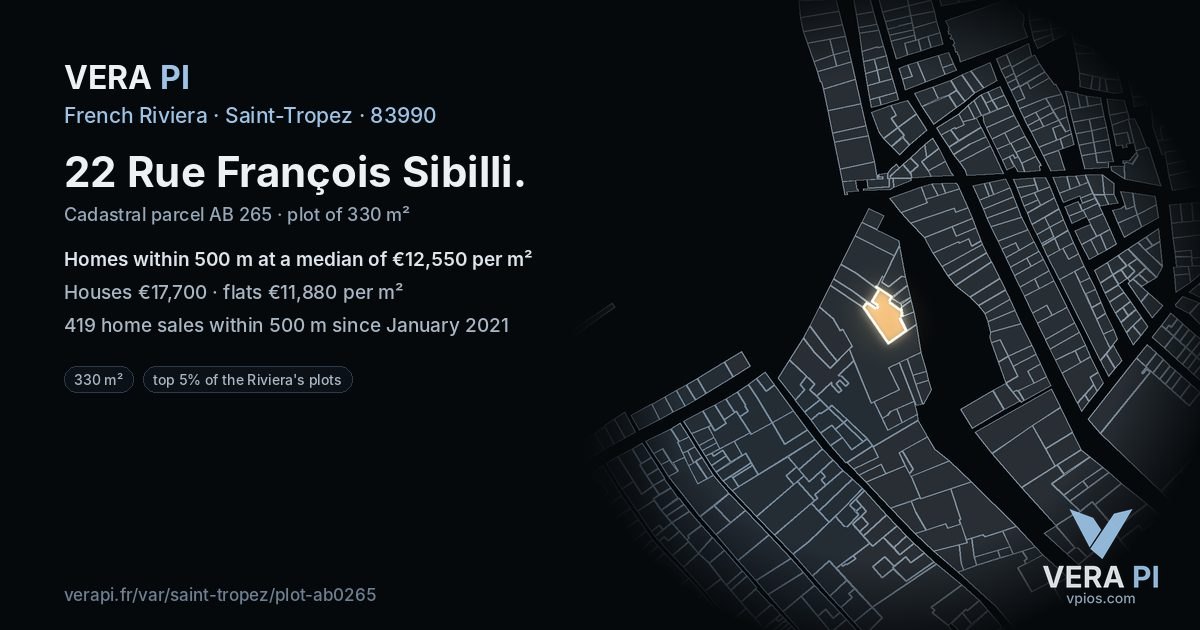 22 Rue François Sibilli, Saint-Tropez at night – the plot lit, the parcels around coloured by the prices near them