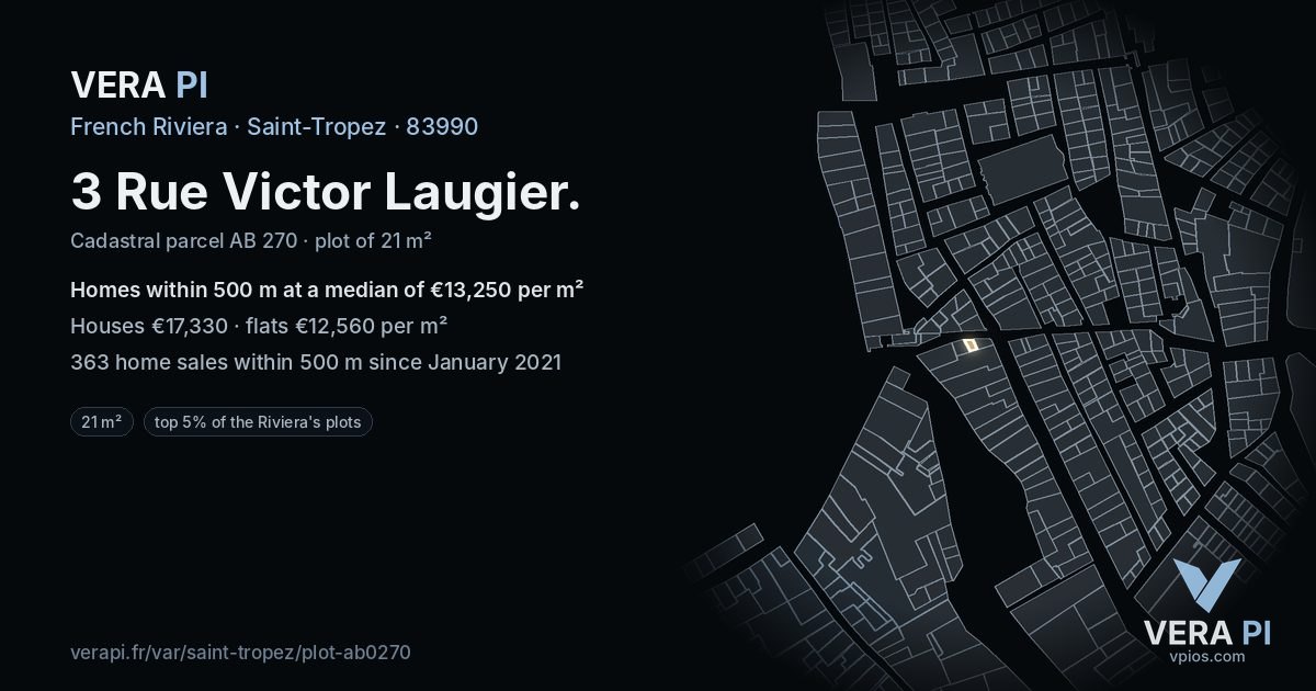 3 Rue Victor Laugier, Saint-Tropez at night – the plot lit, the parcels around coloured by the prices near them