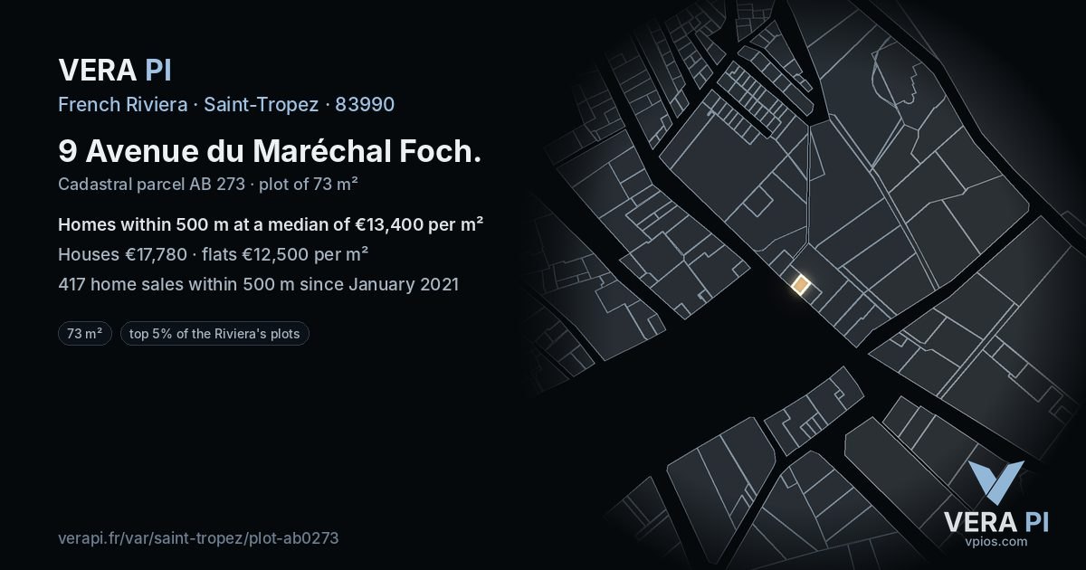 9 Avenue du Maréchal Foch, Saint-Tropez at night – the plot lit, the parcels around coloured by the prices near them