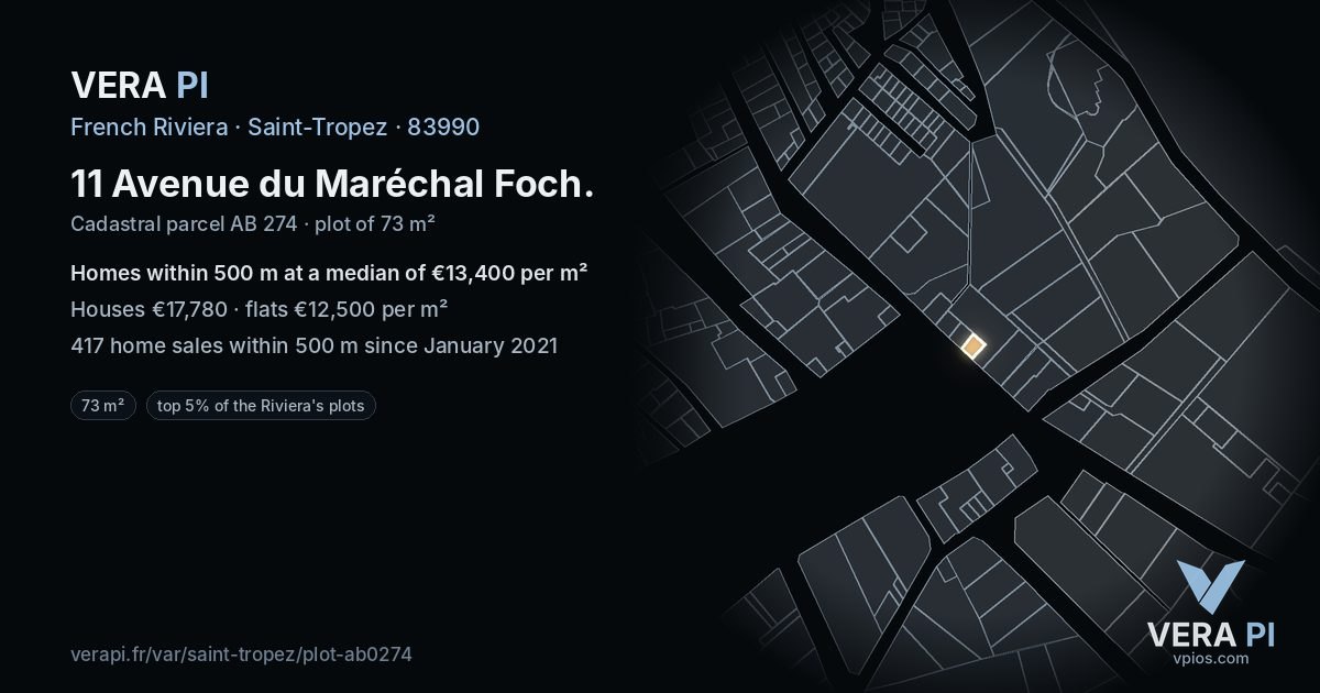 11 Avenue du Maréchal Foch, Saint-Tropez at night – the plot lit, the parcels around coloured by the prices near them