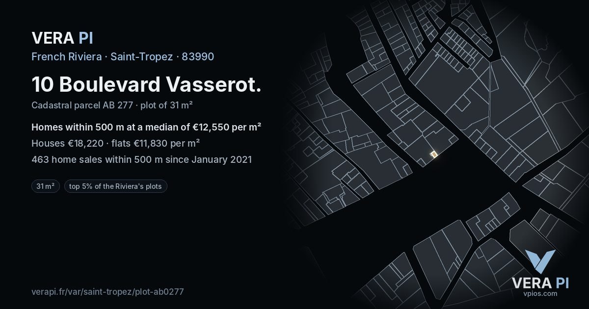 10 Boulevard Vasserot, Saint-Tropez at night – the plot lit, the parcels around coloured by the prices near them