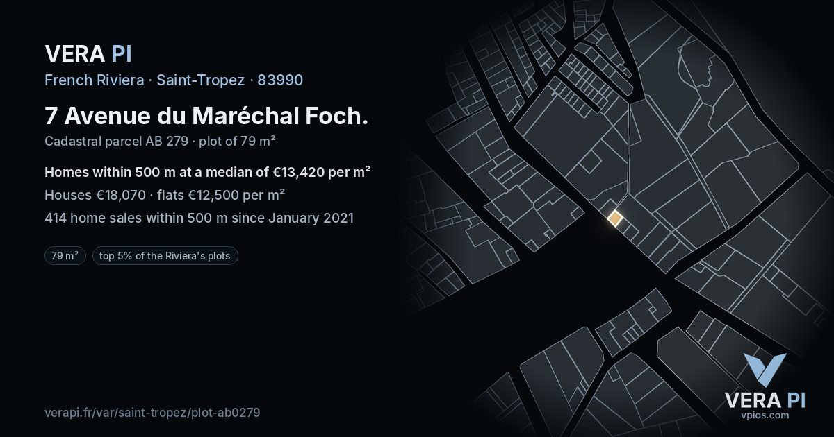 7 Avenue du Maréchal Foch, Saint-Tropez at night – the plot lit, the parcels around coloured by the prices near them