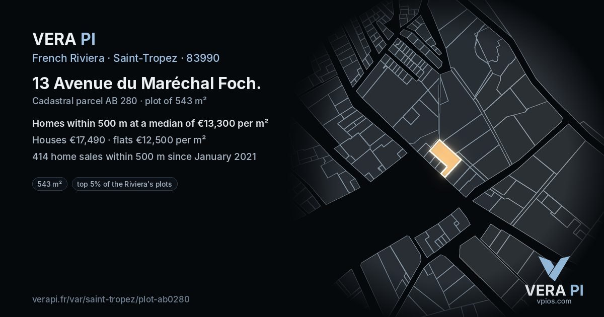 13 Avenue du Maréchal Foch, Saint-Tropez at night – the plot lit, the parcels around coloured by the prices near them
