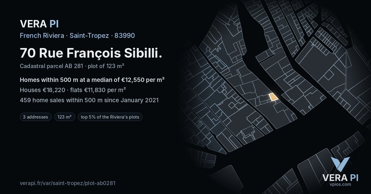 70 Rue François Sibilli, Saint-Tropez at night – the plot lit, the parcels around coloured by the prices near them