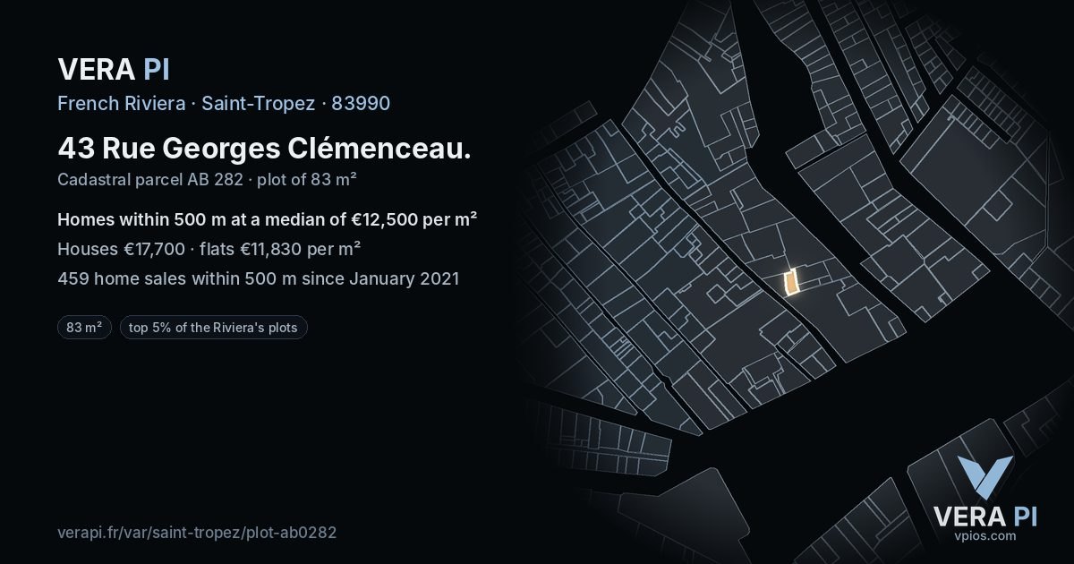 43 Rue Georges Clémenceau, Saint-Tropez at night – the plot lit, the parcels around coloured by the prices near them