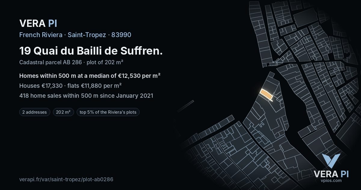 19 Quai du Bailli de Suffren, Saint-Tropez at night – the plot lit, the parcels around coloured by the prices near them