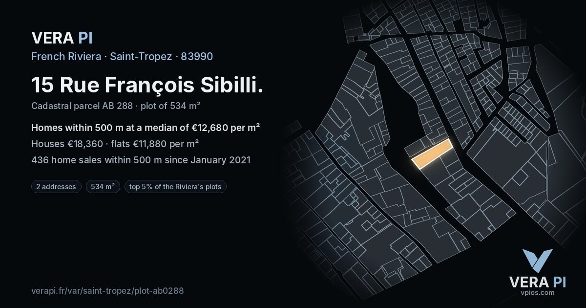15 Rue François Sibilli, Saint-Tropez at night – the plot lit, the parcels around coloured by the prices near them
