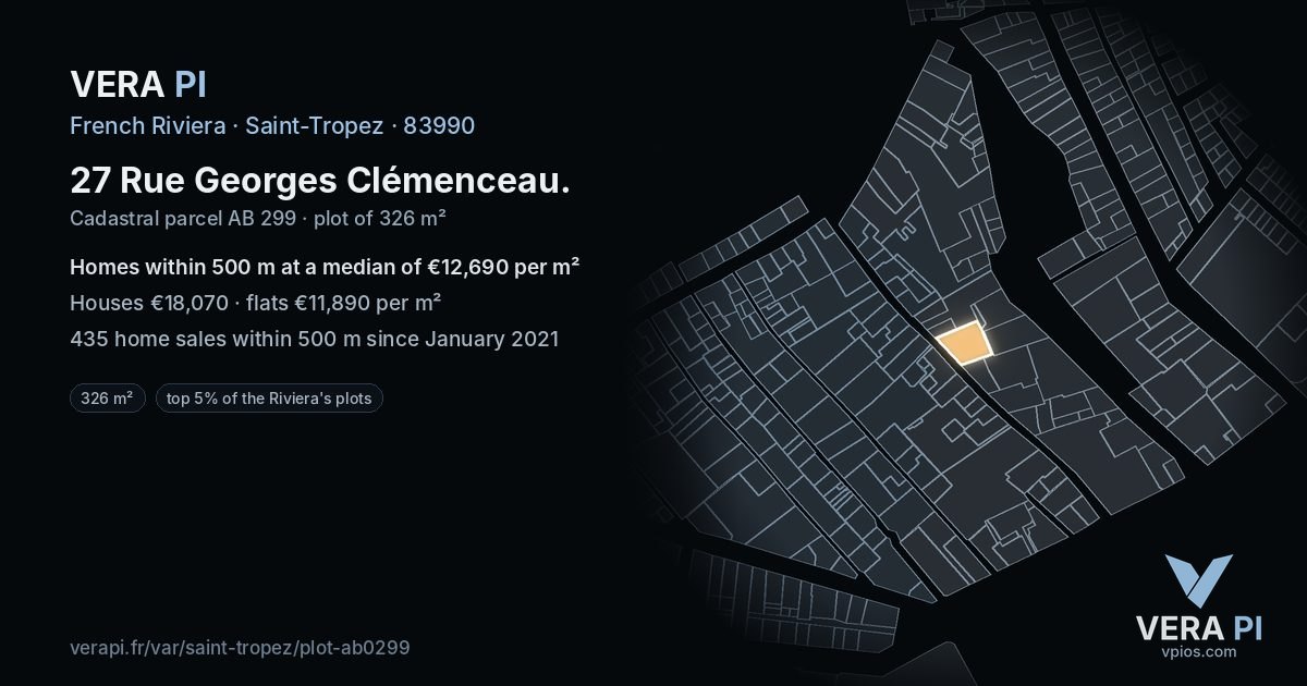 27 Rue Georges Clémenceau, Saint-Tropez at night – the plot lit, the parcels around coloured by the prices near them