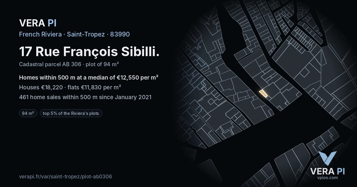 17 Rue François Sibilli, Saint-Tropez at night – the plot lit, the parcels around coloured by the prices near them