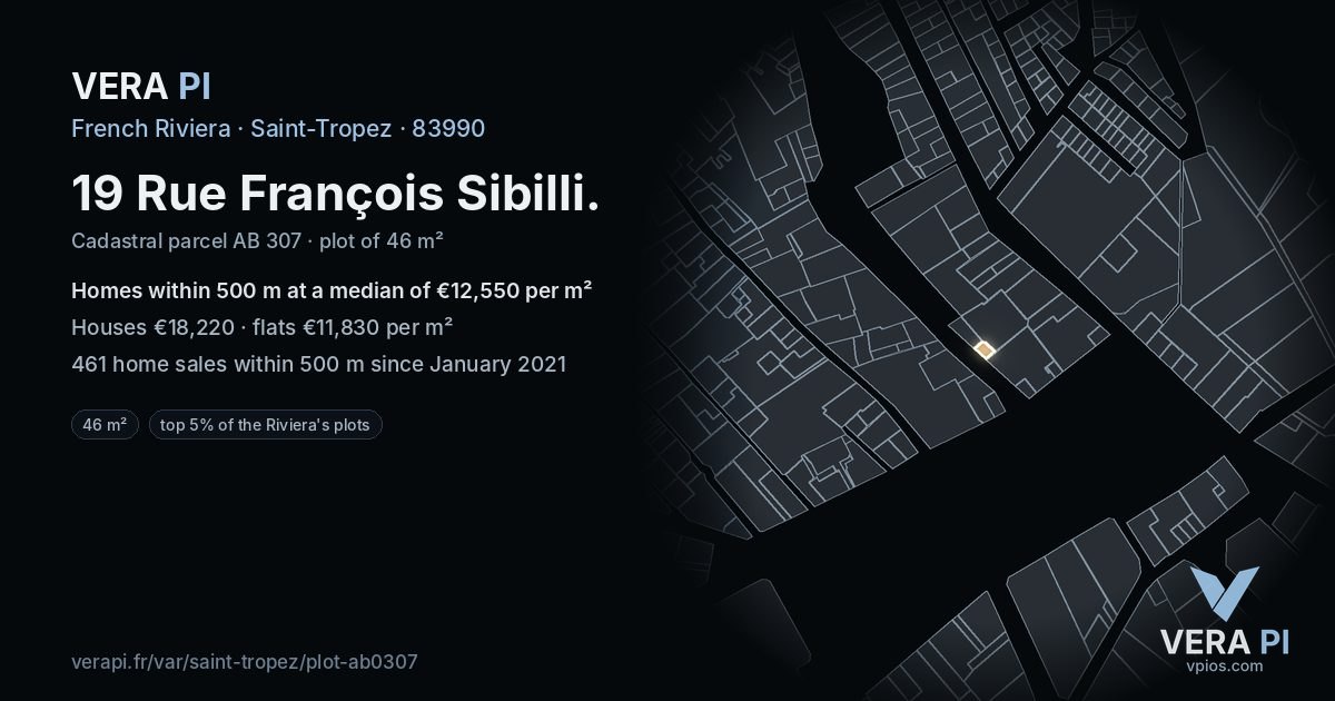 19 Rue François Sibilli, Saint-Tropez at night – the plot lit, the parcels around coloured by the prices near them