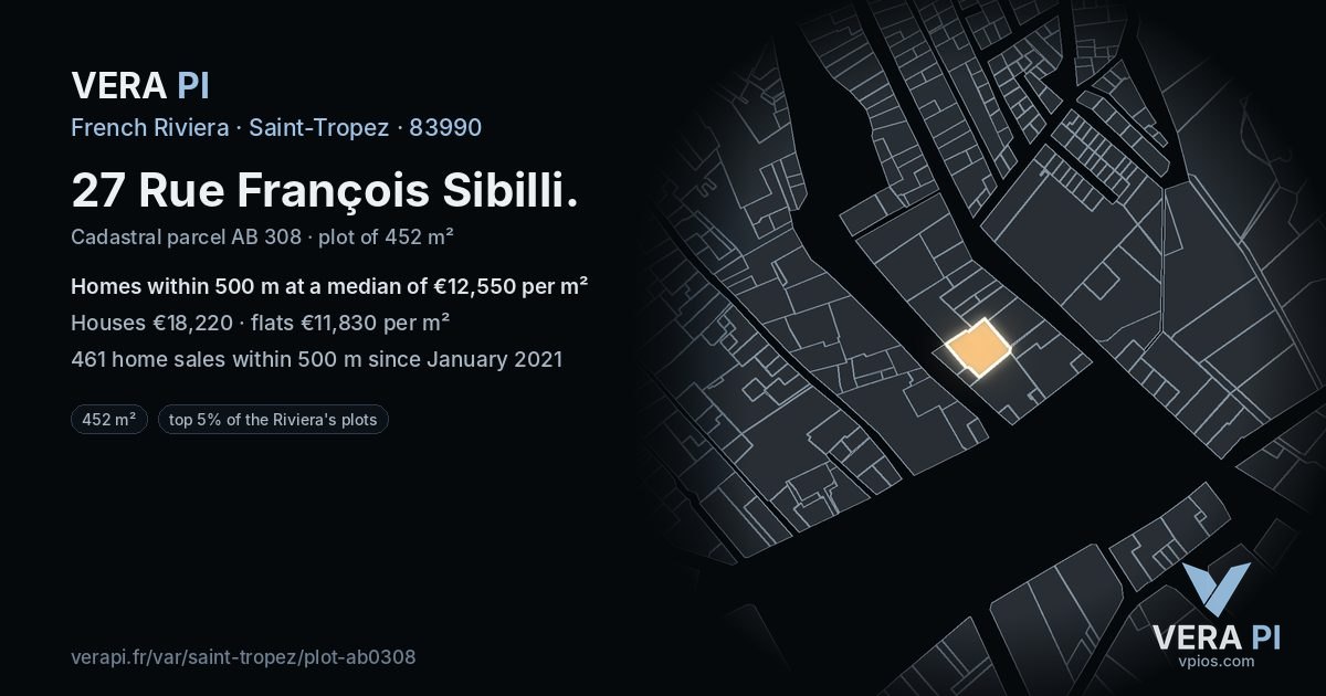 27 Rue François Sibilli, Saint-Tropez at night – the plot lit, the parcels around coloured by the prices near them