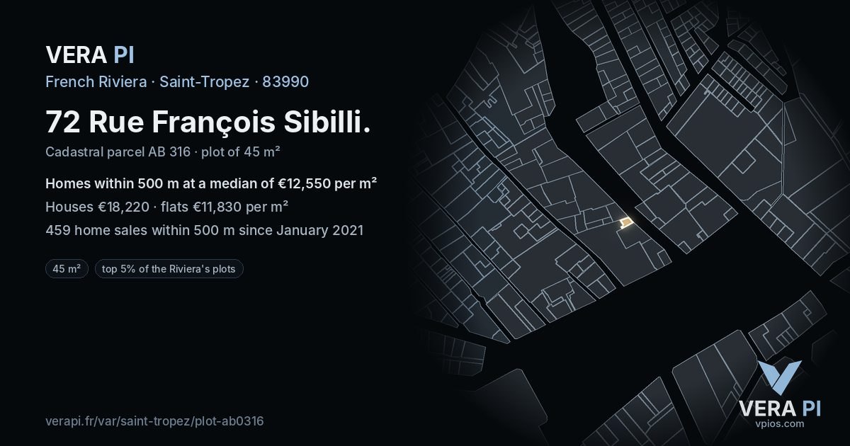 72 Rue François Sibilli, Saint-Tropez at night – the plot lit, the parcels around coloured by the prices near them